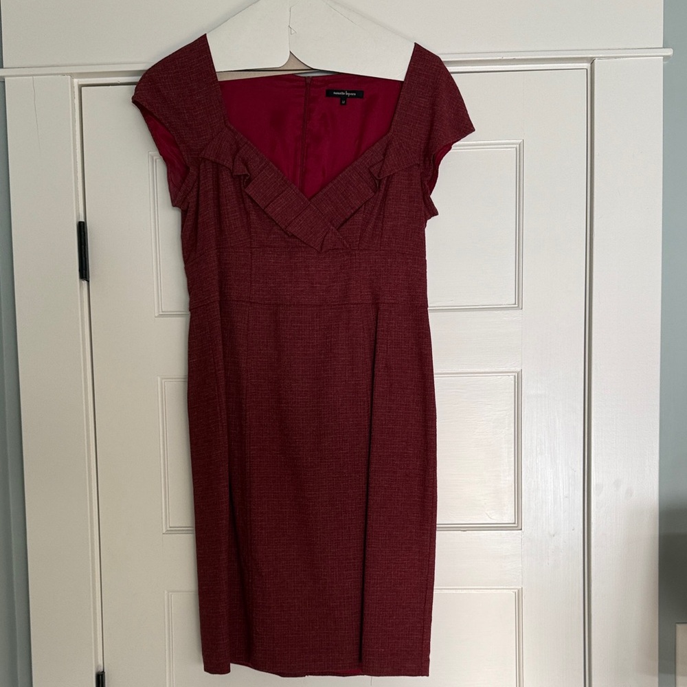 Nanette Laporte cranberry red, V neck sheath dress with cap sleeves and trim 12
